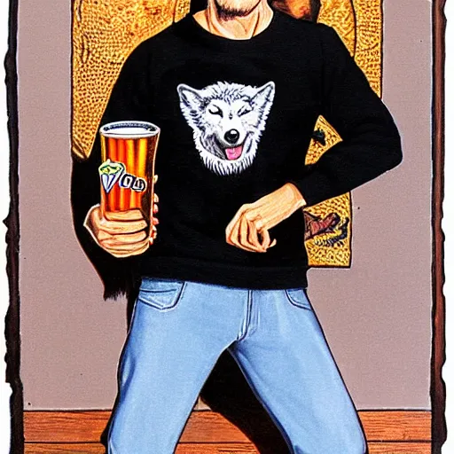 Image similar to Wolf wearing black sweatshirt, holding beer, artwork by Earl Norem,