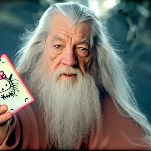 Prompt: portrait of gandalf, wearing a Hello Kitty costume, holding a blank playing card up to the camera, movie still from the lord of the rings