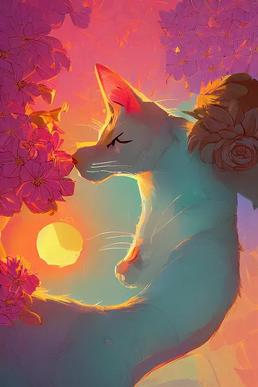 Image similar to a digital art of a cat sleeping in the room with flowers around in the afternoon, the sun shines in, animal, light effect, highly detailed, by anton fadeev