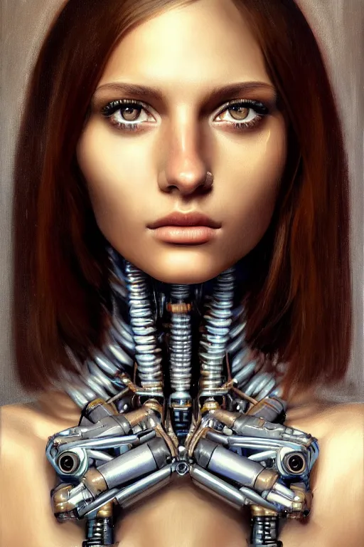 Image similar to a photorealistic painting of an attractive young girl, partially covered in cyborg and robotic mechanical parts, olive skin, long dark hair, beautiful bone structure, symmetrical face, perfect eyes, intricate, elegant, digital painting, concept art, illustration, sharp focus, in the style of Diego Velázquez