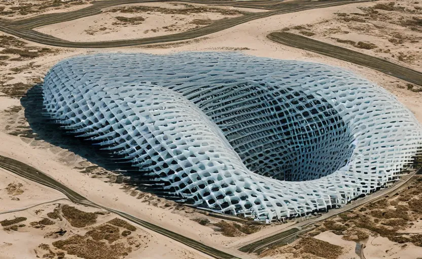 Prompt: parametric structure, medical complex, in the desert beside the gulf, view from above, design by rem norman foster, dezeen, architectural photography