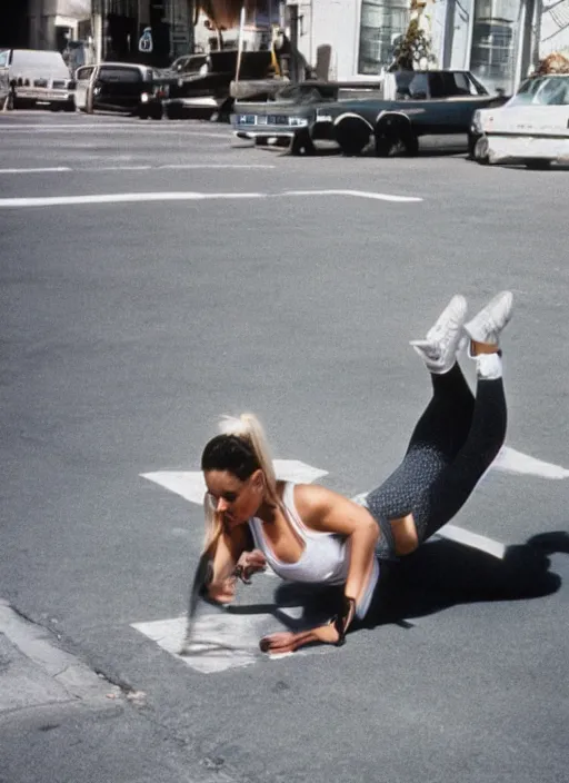 Prompt: 90's Photos, A beautiful woman is working out on the street.