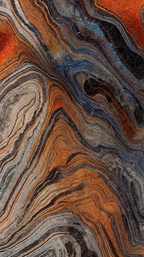 Prompt: vivid color, sedimentary schematic, organic swirling igneous rock, marbled veins, architectural drawing with layers of strata, ochre, sienna, gray, olive, dramatic lighting, rock texture, sand by James jean, geology, octane render in the style of Luis García Mozos