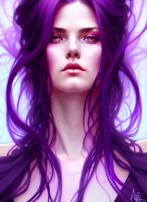 Image similar to Purple hair, creative colouring Portrait of woman, fashion, intricate, elegant, highly detailed, digital painting, artstation, concept art, smooth, sharp focus, illustration, art by artgerm and greg rutkowski and alphonse mucha