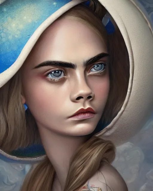 Image similar to closeup face profile portrait of cara delevingne as a tin toy flying saucer babe, bikini, depth of field, zeiss lens, detailed and intricate environment, fashion photoshoot by nicoletta ceccoli, mark ryden, lostfish, breathtaking, 8 k resolution, artistic, hyperrealistic, octane render