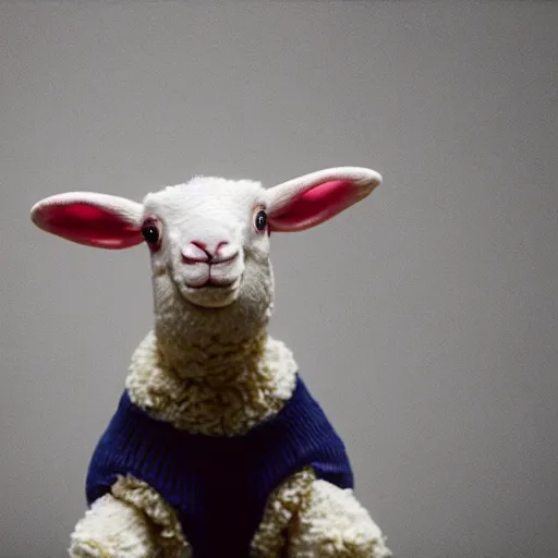 Image similar to bipedal lamb wearing a sweater, portrait photo, movie still,