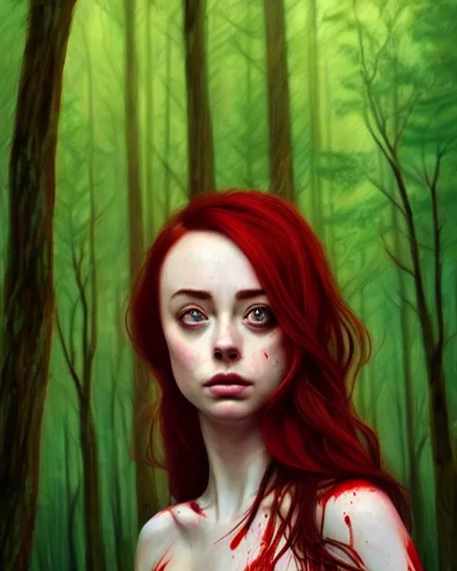 Prompt: surrounded by trees, realistic character concept, gorgeous Kacey Rohl, red hair, small freckles, symmetrical face, symmetrical eyes, green dress, covered in blood, dark forest, trees, shorter neck, cinematic lighting, Joshua Middleton and artgerm, fear anxiety terror