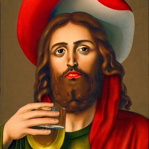 Prompt: jesus drinking wine beneath the cap of a giant amanita muscaria mushroom
