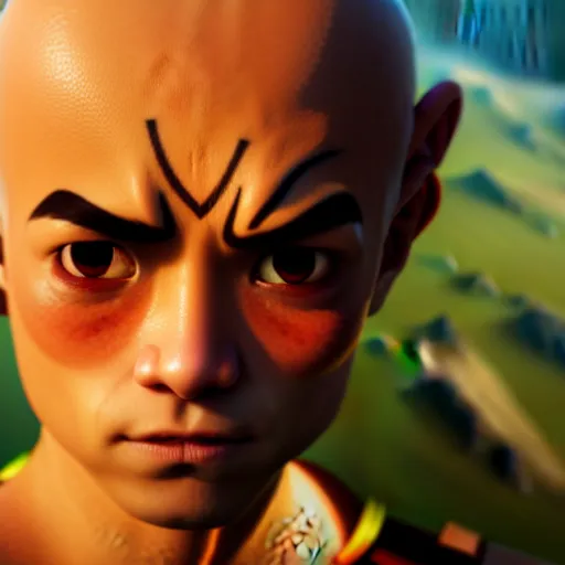 Image similar to a portrait of Aang from Avatar: The Last Airbender by Zack Snyder, Avatar the Last Airbender, 8k photorealistic, cinematic lighting, HD, high details, dramatic