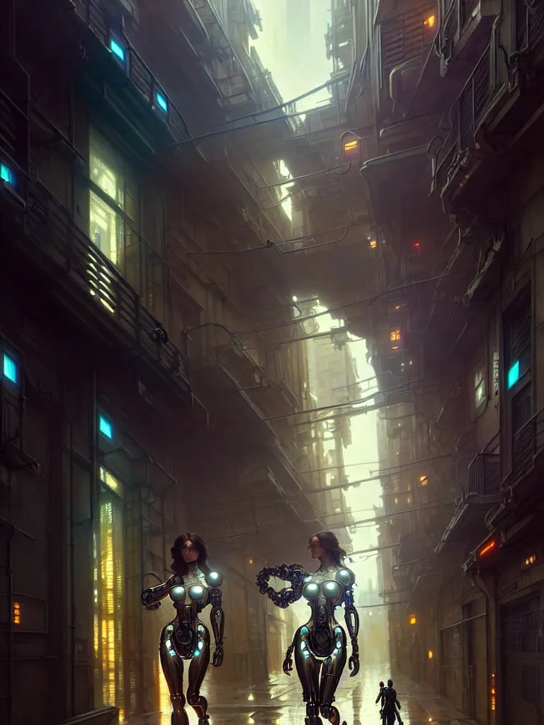 Image similar to ultra realistic, beautiful female cyborg walking down an alley in a megalopolis, sci-fi, intricate details, eerie, highly detailed, octane render, 8k, art by artgerm and alphonse mucha and greg rutkowski