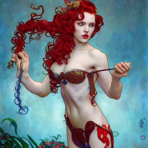 Image similar to Piranha Plantette Super Crown Girl with red curly hair drawn by Donato Giancola and Tom Bagshaw, face by Artgerm, overall design by Alphonse Mucha, background by James Jean and Gustav Klimt, light by Julie Bell, 4k, porcelain skin, komorebi, french nouveau, trending on artstation, octane render, hyperrealistic