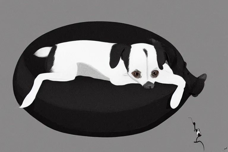 Prompt: cute black and white jack russel terrier laying on dog bed, large round eyes, concept art, matte painting, fantasy illustration, by victo ngai and diego gisbert llorens