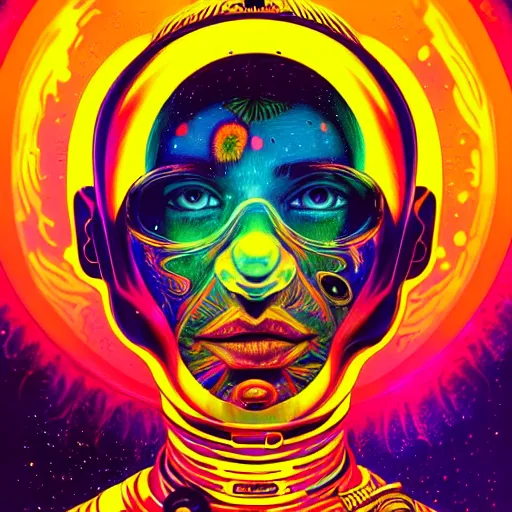 Image similar to An extremely psychedelic experience, colorful, surreal, dramatic lighting, cosmonaut, LSD, face, detailed, intricate, elegant, highly detailed, digital painting, artstation, concept art, smooth, sharp focus, illustration, art by Sam spratt, dan mumford, Artem Demura and alphonse mucha