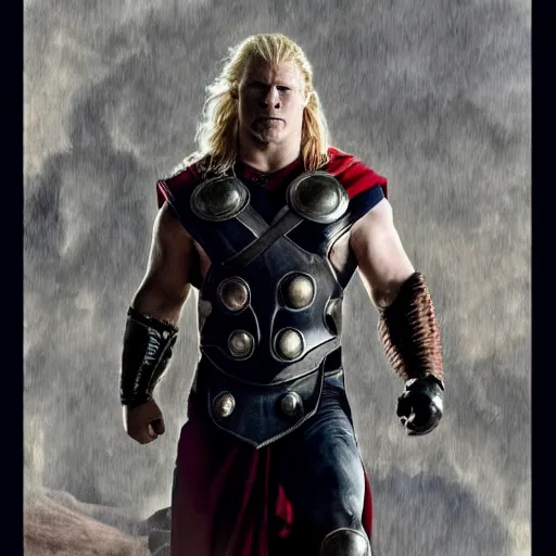 Image similar to brock lesnar as thor odinson, artstation hall of fame gallery, editors choice, #1 digital painting of all time, most beautiful image ever created, emotionally evocative, greatest art ever made, lifetime achievement magnum opus masterpiece, the most amazing breathtaking image with the deepest message ever painted, a thing of beauty beyond imagination or words, 4k, highly detailed, cinematic lighting