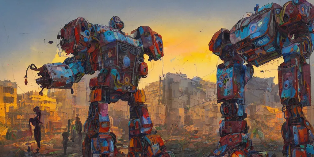 Image similar to colourful - damaged - giant mecha ROBOT of AJEGUNLE SLUMS in Lagos, markings on robot, Golden Hour, painting by Hsiao-Ron Cheng,