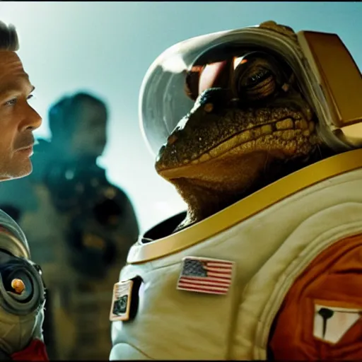 Prompt: in one frame, the toad sits opposite Brad Pitt in a spacesuit, 4k, 8k, top cinematic lighting , cinematic mood, hyperrealism, full-length