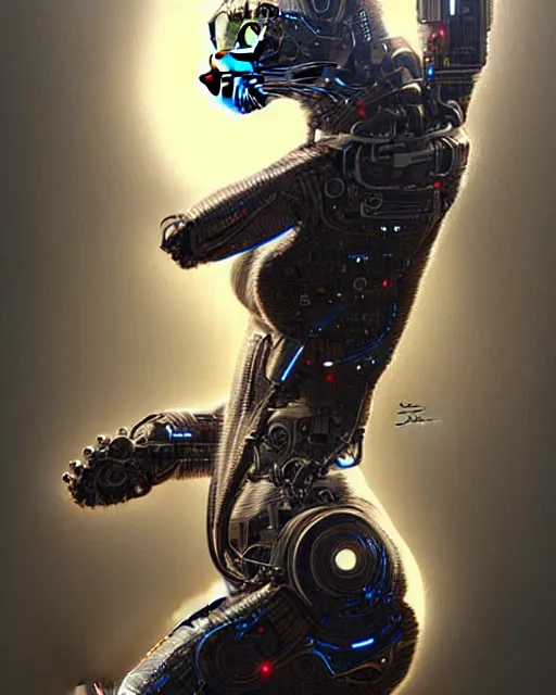 Image similar to A cyborg cat, highly detailed, intricate robotic and electronic patterns, sharp focus, art by Artgerm and Greg Rutkowski and WLOP