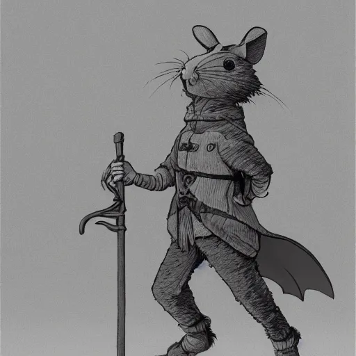 Image similar to an anthropomorphic rat dressed as an explorer, medieval clothing, renaissance, studio Ghibli, open landscape, plants, black and white matte painting