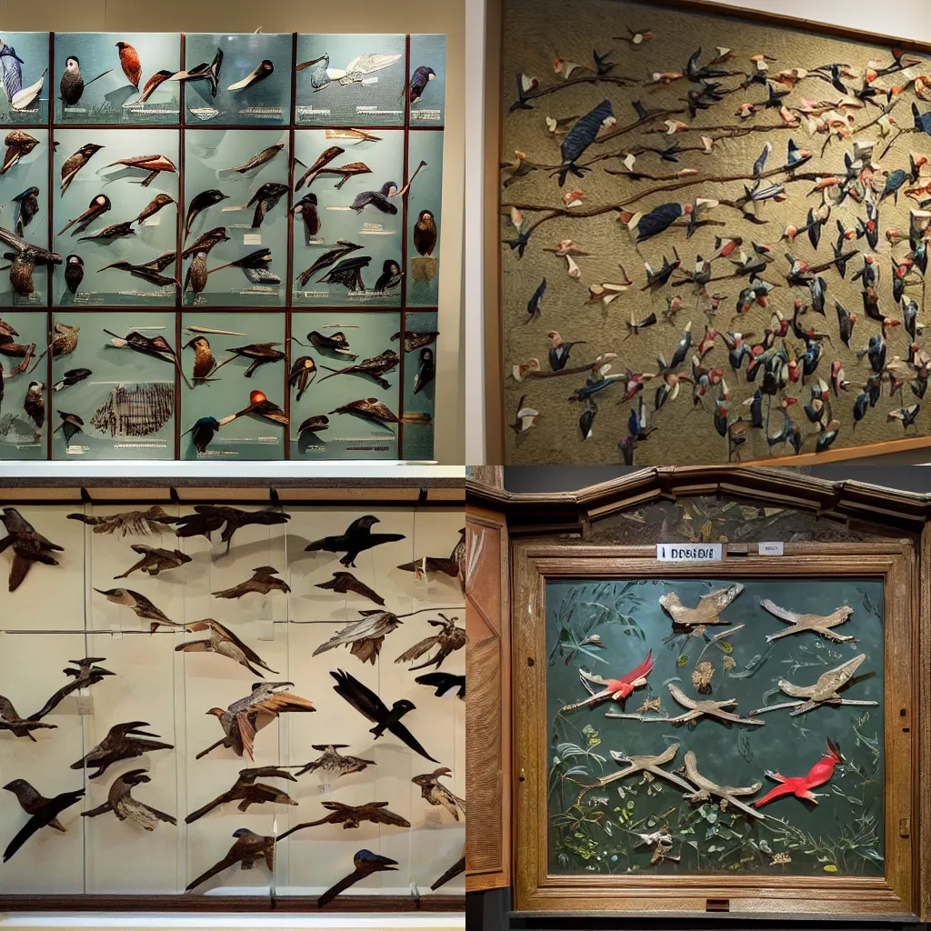 Prompt: A beautiful exhibition panel of bird, in a museum