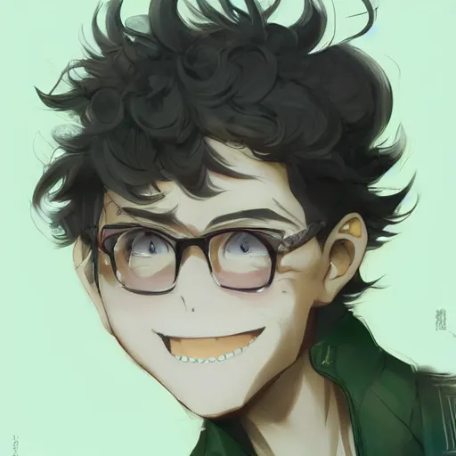 Prompt: An anime portrait of a smiling man with short curly black hair, brown eyes with green speckles, stubble, wearing a shirt, medium shot, whole head, by Stanley Artgerm Lau, WLOP, Rossdraws, James Jean, Andrei Riabovitchev, Marc Simonetti, and Sakimi chan, trending on artstation