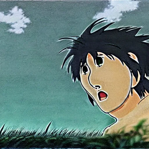 Image similar to a realistic cell - shaded studio ghibli concept art from princess mononoke ( 1 9 9 7 ) of a giant caveman. very dull colors, wide shot, hd, 4 k, hq