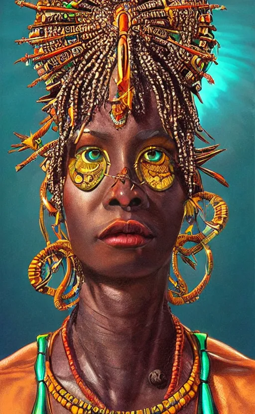 Prompt: upper half portrait of retro futuristic african tribal chief - embellished with vegetation and iridescent crystals, art by greg hildebrandt, highly detailed, digital painting, concept art, illustration, smooth sharp focus, intricate, symmetry, artstation,