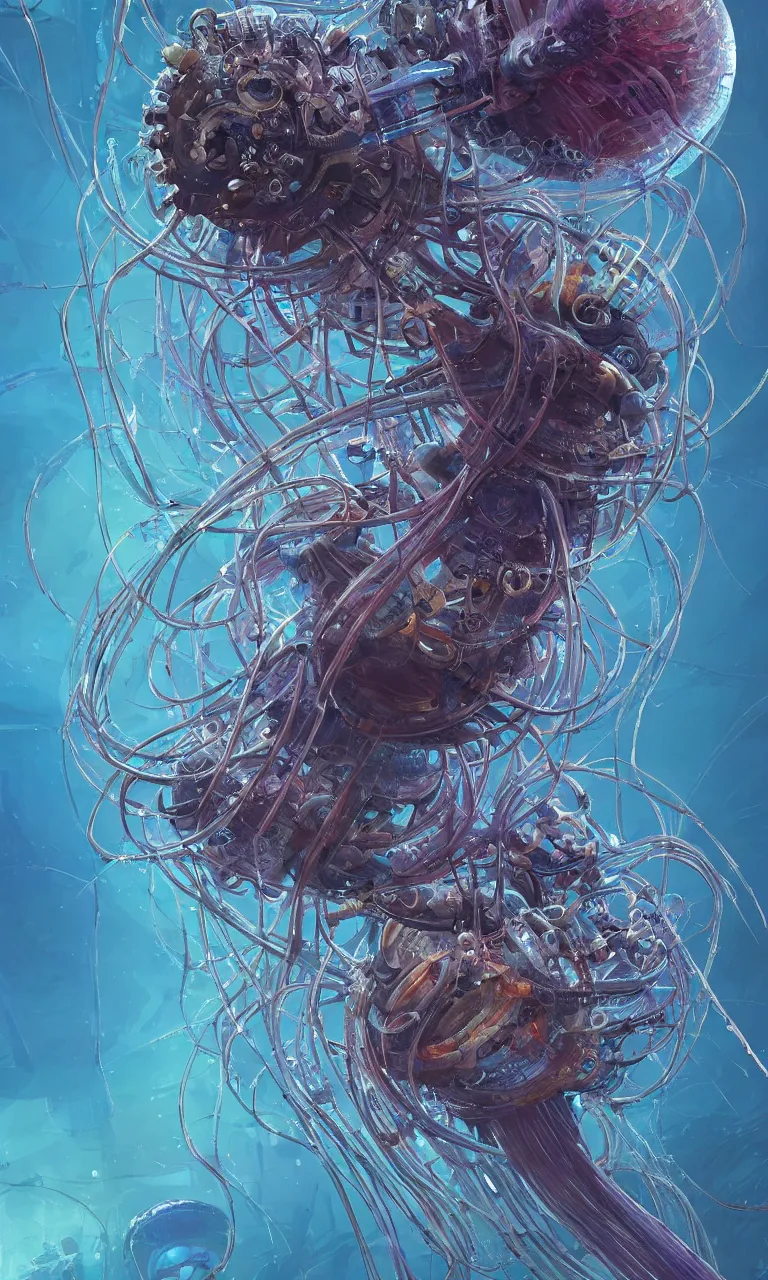 Image similar to Panorama hyper detailed painting of a cyberpunk jellyfish, cables everywhere, blue tones, underwater, 8 mm, highly detailed, digital painting, artstation, concept art, smooth, sharp focus, illustration, art by artgerm and greg rutkowski and alphonse mucha