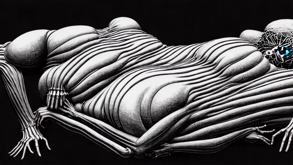 Image similar to comfortable bed that makes me want to sleep, hyperdetailed, artstation, cgsociety, style of Giger, H. R. GIGER, style of Junji Ito, 4K, highly detailed, minimalistic, minimalistic, minimalistic, fine tuned, machina