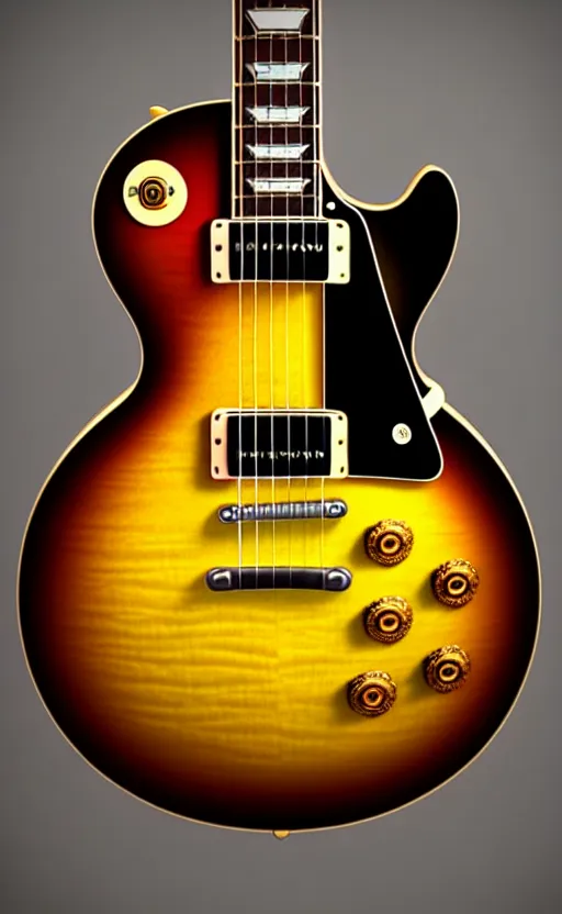 Image similar to award winning photograph of a gibson les paul vintage sunburst, 3 d hyperrealistic 8 k image style, detailed render, stunning studio photograph with dramatic lighting, depth of field