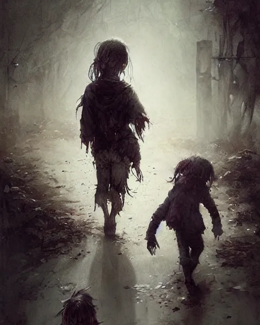 Prompt: a child zombie walking after a scared teenager by jean baptiste monge and greg rutkowski, painterly