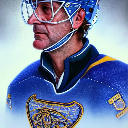 Prompt: beautiful portrait of hockey coach Malarchuk Clint, fantasy, intricate, elegant, highly detailed, digital painting, artstation, concept art, smooth, sharp focus, luxury fashion illustration, art by artgerm and greg rutkowski and alphonse mucha, brightly lit cinematic soft lighting, photorealistic