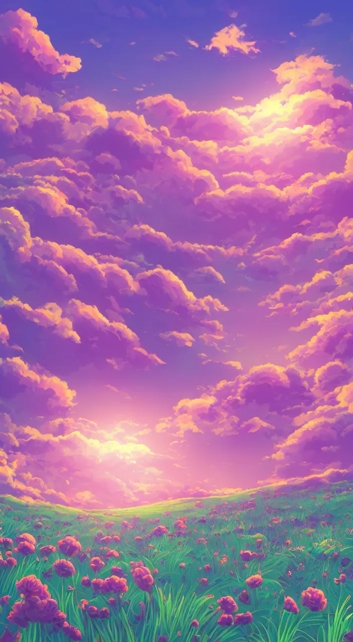 Prompt: cyan lush Field with beautiful flowers, aesthetic, calming, pink and purple clouds in the sky, brightly illuminated by rays of sun, Clouds backlit by the sun, sunset , artstation, colorful sylvan sarrailh illustration, by peter chan, day of the tentacle style