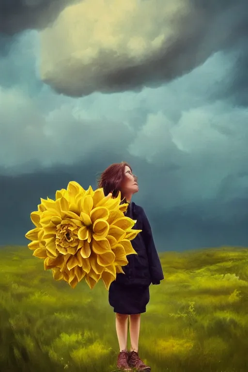 Image similar to closeup girl with huge yellow dahlia flower face, intricate, standing on mountain, surreal photography, blue storm clouds, dramatic light, impressionist painting, digital painting, artstation, simon stalenhag