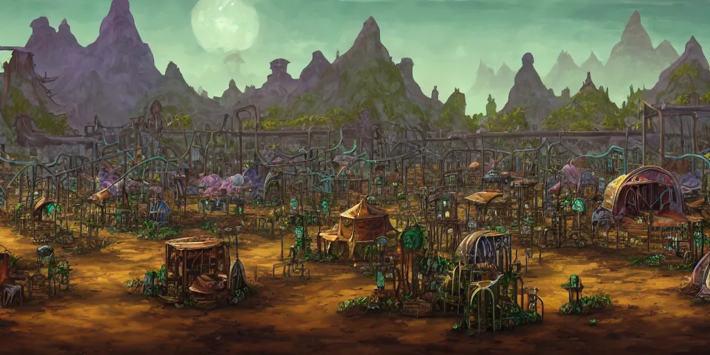 Image similar to colored merchant tents surrounded by chrome pyramids, rusted plants and vines, matte oil painting, retrofuturistic, science fantasy, mutant, lgbt, queer, rpg, epic, badlands, slime, sentient, dungeons & dragons, sacred, sharp focus, award - winning, extremely detailed, 4 k, 8 k