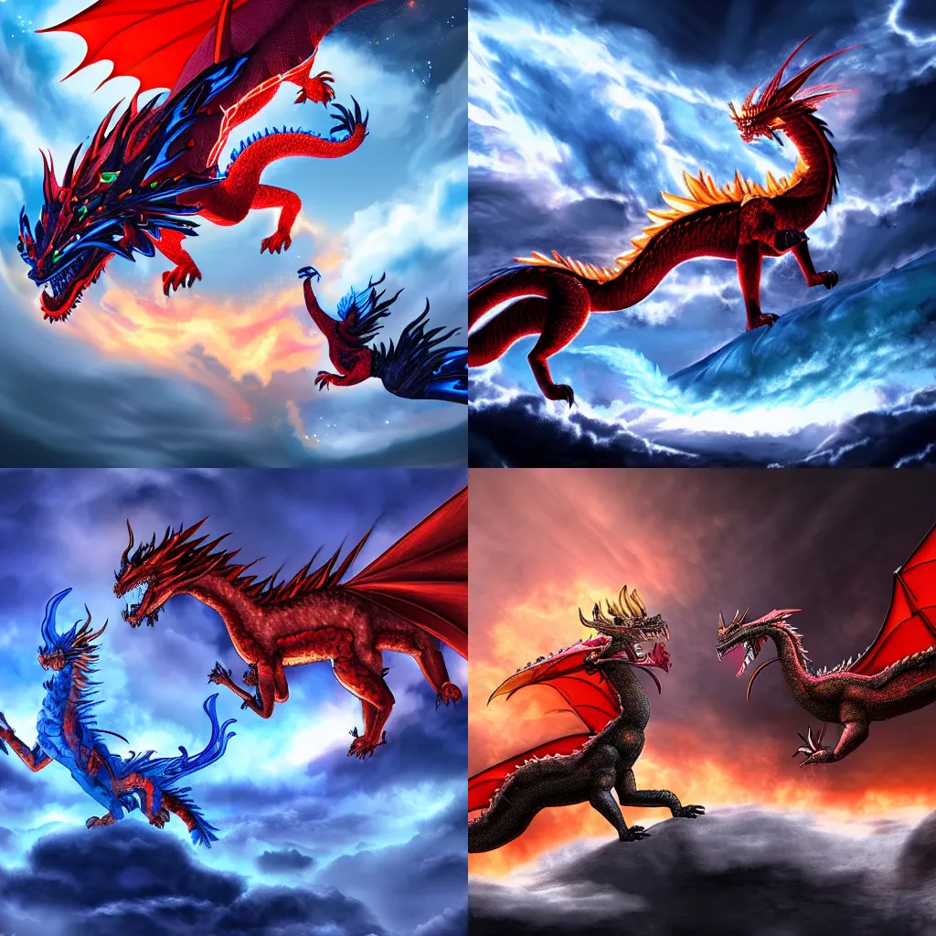 Prompt: A fire dragon and an ice dragon fight in the sky, digital art, 8K
