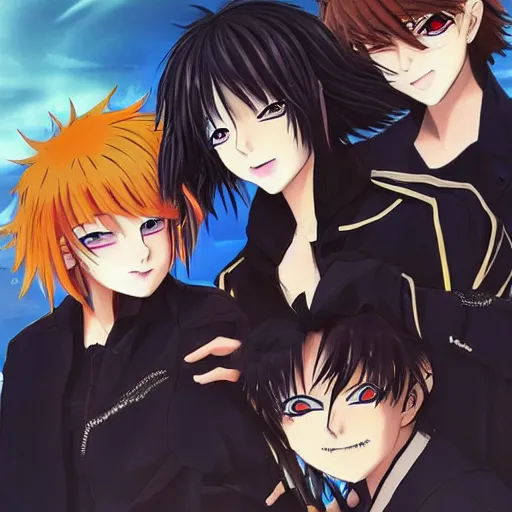 Image similar to orange - haired anime boy, 1 7 - year - old anime boy with wild spiky hair + 1 7 - year - old pale - skinned persian girl with black hair long bob cut, long bangs, black gothic jacket, ultra - realistic, sharp details, subsurface scattering, blue sunshine, intricate details, hd anime, 2 0 1 9 anime