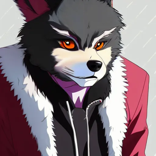 Image similar to key anime visual portrait of an anthropomorphic anthro wolf fursona, in a jacket, with handsome eyes, official modern anime art