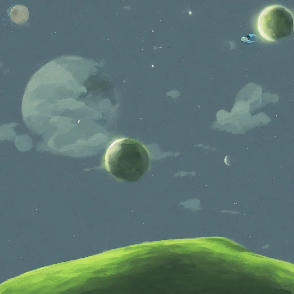 Prompt: “ slim spacehip hovering over a lush green and blue planet, clouds on surface, moons in background, very detailed, concept art ”