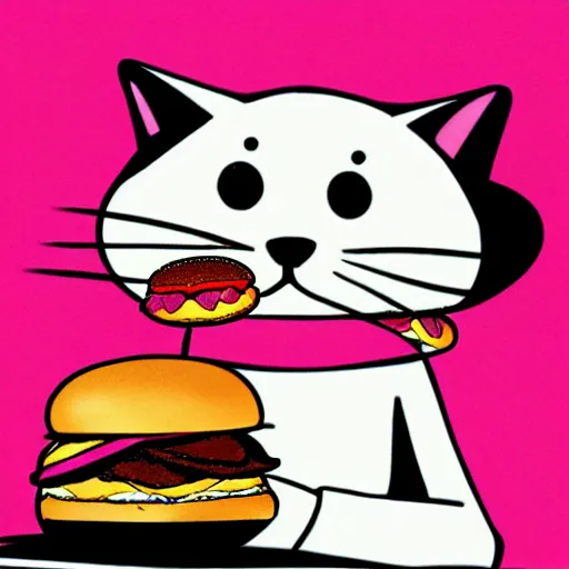 Prompt: a pink cat eating a hamburger