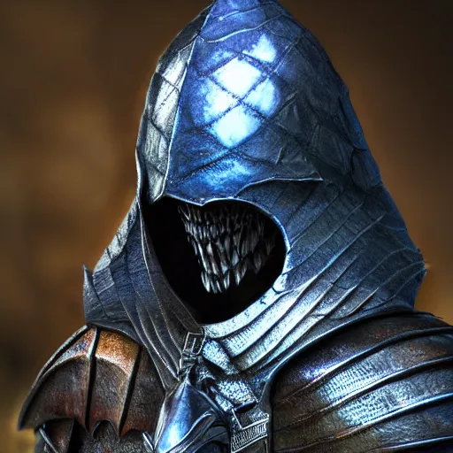 Image similar to detailed hypperrealistic artstation render, full body front view of a scaly black cloaked man, wearing a metal knights helmet, carries a large knights blue greatsword in his hands, in addition tentacles emerge from his back like wings