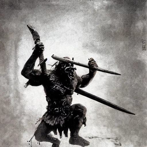 Prompt: viking marauder fighting against an orc, posed, gritty, beksinski