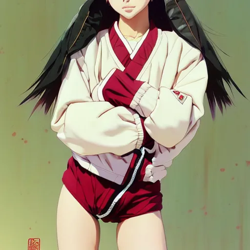 Image similar to a beautiful japanese natalie portman gravure model, wearing oversized native designer bomber jacket and leotard with overalls, bulky poofy bomber jacket with mesoamerican patterns, mesoamerican native street fashion, gapmoe yandere grimdark, trending on pixiv fanbox, painted by greg rutkowski makoto shinkai takashi takeuchi studio ghibli, akihiko yoshida