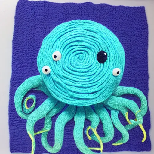 Image similar to a yarn octopus swimming in a yarn ocean under a yarn full moon