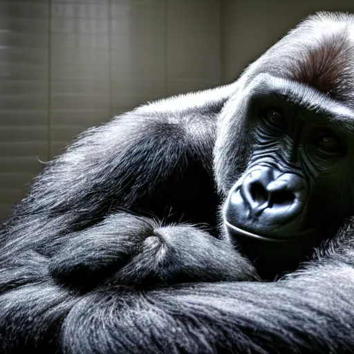 Image similar to A gorilla sleeping in a bathroom, Book cover, 4K HD