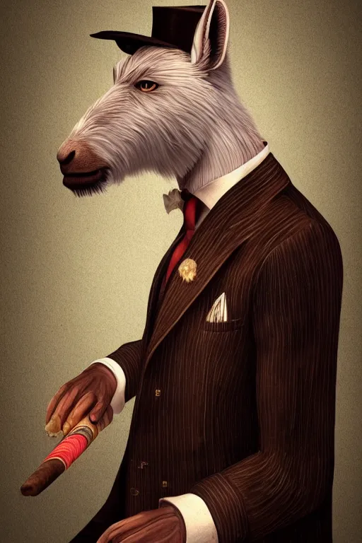 Image similar to beautiful portrait commission of a male furry anthro mountain goat wearing a pinstripe suit and waistcoat, smoking a cigar, hooves!, award-winning character art, detailed, trending on artstation