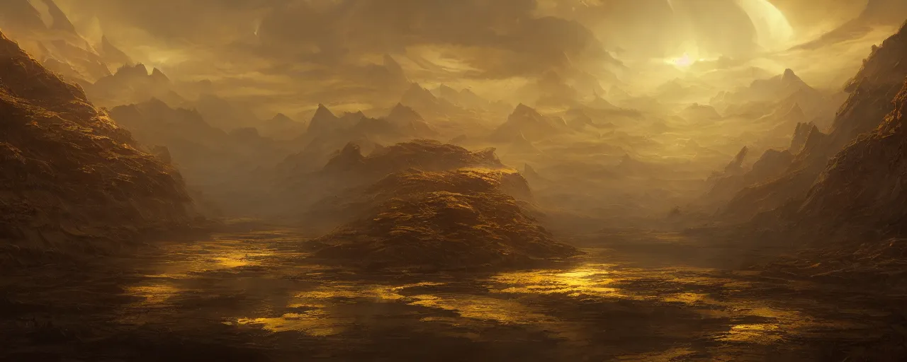 Image similar to a dark and golden landscape, with golden rivers and mystical birds that fly along, very detailed concept art, matte painting, digital art, concept art, realistic beautiful, trending on Artstation, Greg Rutkowski