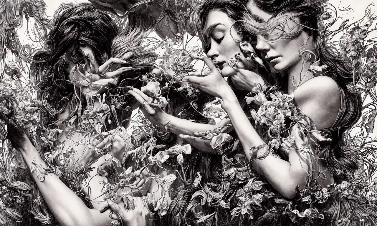 Image similar to fragrance advertising campaign by bernie wrightson, highly detailed