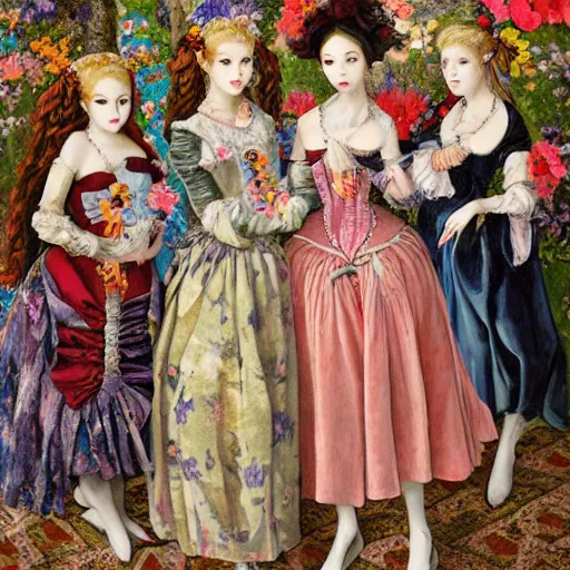 Prompt: renaissance, baroque, post impressionism group of creepy young ladies wearing renaissance long harajuku manga dress with flowers and skulls, background chaotic flowers