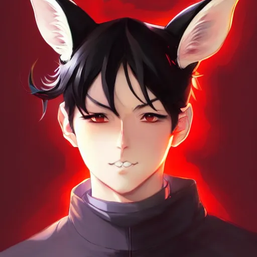 Prompt: anime portrait of a slick black hair guy with red eyes and fox ears by stanley artgerm lau, wlop, rossdraws, james jean, andrei riabovitchev, marc simonetti, and sakimichan, trending on artstation