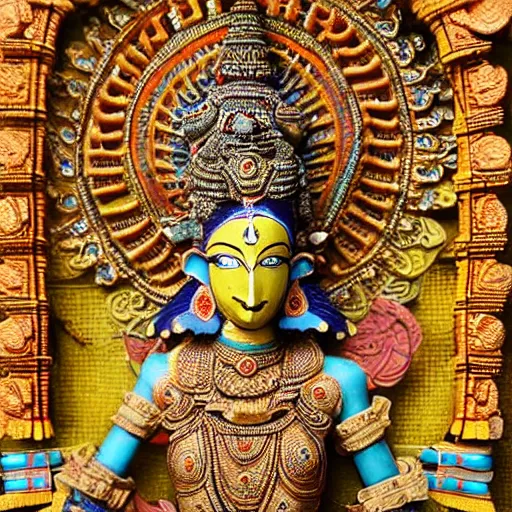 Image similar to a woman wearing an armor and head - dress. the armor and head - dress is made out of the colors, textures and sculptures of the meenakshi temple in madurai. intricate. detailed.